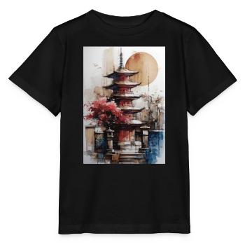 Zen Sun Watercolor Pagoda - Stanley/Stella MINI CREATOR Kids’ T-Shirt - black - Front - Mikhail (115cm)