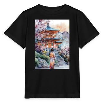 Kimono-Pagode und Kirschbäume - Stanley/Stella Kinder T-Shirt MINI CREATOR  - Schwarz - Vorne - Mikhail (115cm)