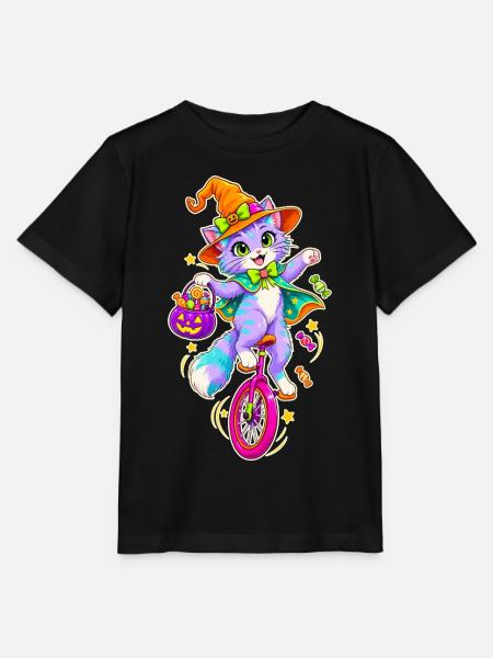 Halloween-Kätzchen auf Einrad - Stanley/Stella Kinder T-Shirt MINI CREATOR - Schwarz