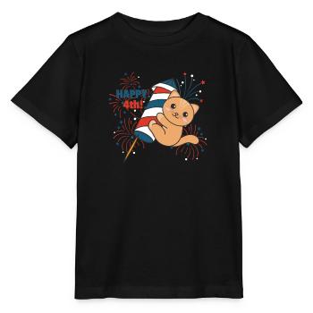 Katze für den vierten Juli Feuerwerk Rakete - Stanley/Stella Kinder T-Shirt MINI CREATOR  - Schwarz - Vorne - Mikhail (115cm)