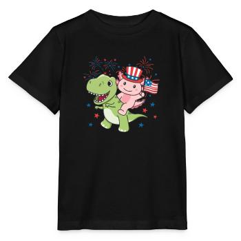 Axolotl mit T-Rex für den vierten Juli Feuerwerk - Stanley/Stella Kinder T-Shirt MINI CREATOR  - Schwarz - Vorne - Mikhail (115cm)