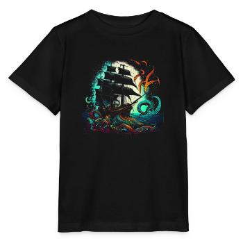 Retro Piratenschiff mit buntem Kraken - Stanley/Stella Kinder T-Shirt MINI CREATOR  - Schwarz - Vorne - Mikhail (115cm)