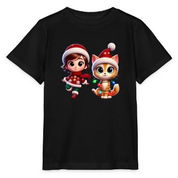 Christmas Cartoon Child and Cat - Stanley/Stella Kinder T-Shirt MINI CREATOR  - Schwarz - Vorne - Mikhail (115cm)