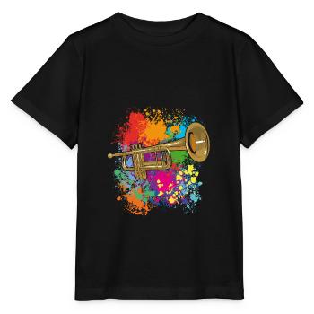 Trompete auf Farbklecksen - Stanley/Stella Kinder T-Shirt MINI CREATOR  - Schwarz - Vorne - Mikhail (115cm)