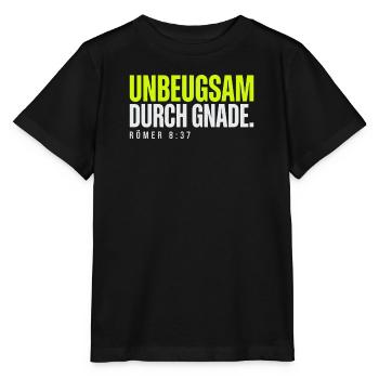 Unbeugsam durch Gnade – Römer 8,37 - Stanley/Stella Kinder T-Shirt MINI CREATOR  - Schwarz - Vorne - Mikhail (115cm)