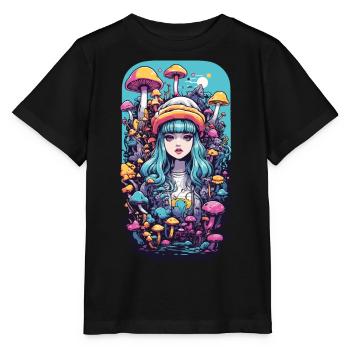 Festival Fantasy Psychedelic Goa Mushroom Girl - Stanley/Stella MINI CREATOR Kids’ T-Shirt - black - Front - Mikhail (115cm)