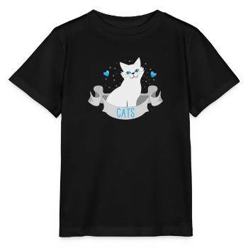 Chats blancs sur une bannière au cœur bleu - T-shirt bio MINI CREATOR Stanley/Stella Enfant - noir - Devant - Mikhail (115cm)