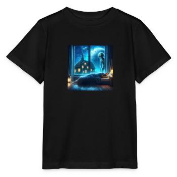 Alien observes sleeping human - Stanley/Stella MINI CREATOR Kids’ T-Shirt - black - Front - Mikhail (115cm)