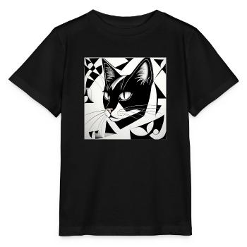 Katze: Kubistisches Schwarz-Weiß - Stanley/Stella Kinder T-Shirt MINI CREATOR  - Schwarz - Vorne - Mikhail (115cm)