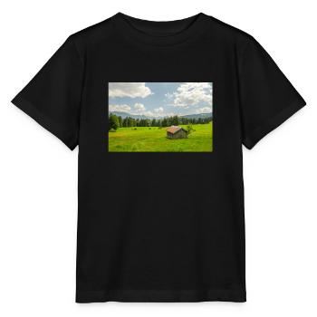 Mountain meadow with hut in front of the Alps - Stanley/Stella MINI CREATOR Kids’ T-Shirt - black - Front - Mikhail (115cm)