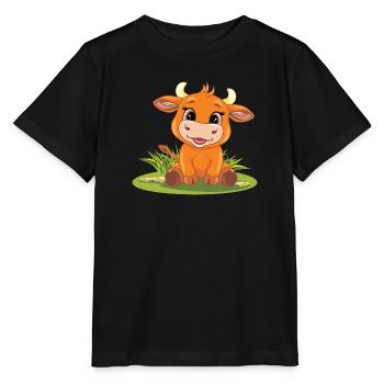 Lustige lächelnde Baby Stier auf dem Rasen - Stanley/Stella Kinder T-Shirt MINI CREATOR  - Schwarz - Vorne - Mikhail (115cm)