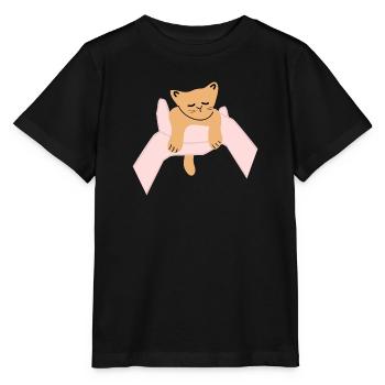 Katze sitzt in menschlicher Handfläche - Stanley/Stella Kinder T-Shirt MINI CREATOR  - Schwarz - Vorne - Mikhail (115cm)