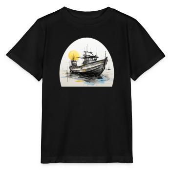 Fischerboot mit Angelruten - Stanley/Stella Kinder T-Shirt MINI CREATOR  - Schwarz - Vorne - Mikhail (115cm)