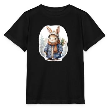 Hase im Schnee mit Mütze, Schal und Mantel - Stanley/Stella Kinder T-Shirt MINI CREATOR  - Schwarz - Vorne - Mikhail (115cm)