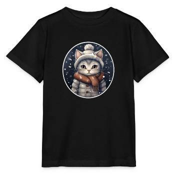 Cat with hat, scarf and winter jacket - Stanley/Stella MINI CREATOR Kids’ T-Shirt - black - Front - Mikhail (115cm)