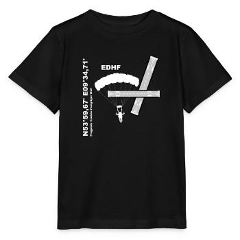 Flugplatz EDHF Design, Koordinaten und Fallschirm - Stanley/Stella Kinder T-Shirt MINI CREATOR  - Schwarz - Vorne - Mikhail (115cm)