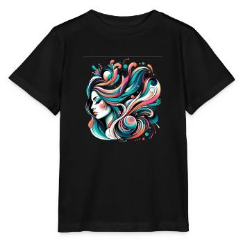 figure féminine avec des cheveux flottants - T-shirt bio MINI CREATOR Stanley/Stella Enfant - noir - Devant - Mikhail (115cm)