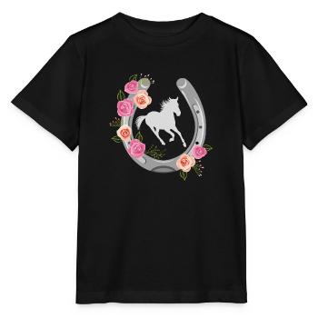 Stilisiertes Hufeisen mit Blumenkranz - Stanley/Stella Kinder T-Shirt MINI CREATOR  - Schwarz - Vorne - Mikhail (115cm)