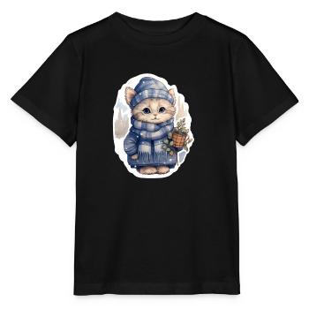 Kätzchen im Schnee mit Mütze, Schal und Mantel - Stanley/Stella Kinder T-Shirt MINI CREATOR  - Schwarz - Vorne - Mikhail (115cm)