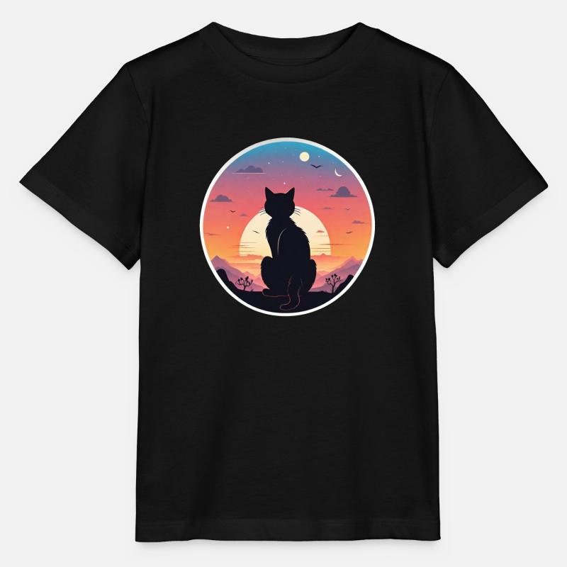 chat paysage et coucher de soleil - T-shirt bio MINI CREATOR Stanley/Stella Enfant - noir