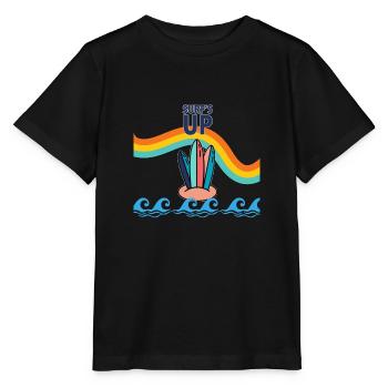 Regenbogen Surfbrett - Stanley/Stella Kinder T-Shirt MINI CREATOR  - Schwarz - Vorne - Mikhail (115cm)