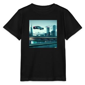 Flying Tesla in futuristic city - Stanley/Stella MINI CREATOR Kids’ T-Shirt - black - Front - Mikhail (115cm)