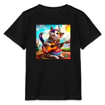 A hippie cat is playing the guitar - Stanley/Stella MINI CREATOR Kids’ T-Shirt - black - Front - Mikhail (115cm)