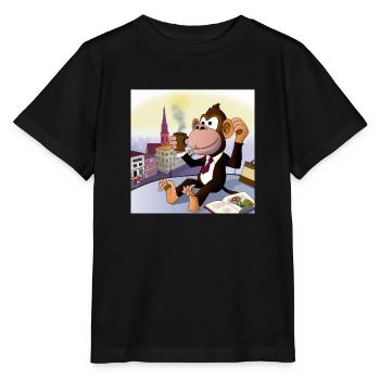 Un singe cool boit un latte macchiato au café - T-shirt bio MINI CREATOR Stanley/Stella Enfant - noir - Devant - Mikhail (115cm)