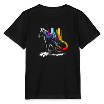Chat avec une ville colorée sur le dos - T-shirt bio MINI CREATOR Stanley/Stella Enfant - noir - Devant - Mikhail (115cm)