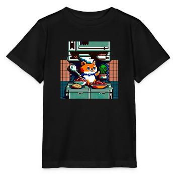 8 Bit kochende Hauskatze mit Kochlöffel in Küche - Stanley/Stella Kinder T-Shirt MINI CREATOR  - Schwarz - Vorne - Mikhail (115cm)