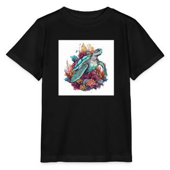 Belle tortue nageant dans le récif corallien - T-shirt bio MINI CREATOR Stanley/Stella Enfant - noir - Devant - Mikhail (115cm)
