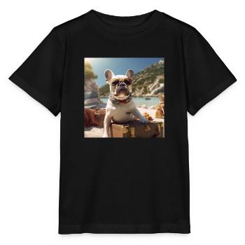 Französische Bulldogge mit Sonnenbrille am Strand - Stanley/Stella Kinder T-Shirt MINI CREATOR  - Schwarz - Vorne - Mikhail (115cm)