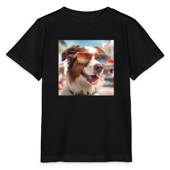 Australian Shepherd wearing sunglasses on vacation - Stanley/Stella MINI CREATOR Kids’ T-Shirt - black - Front - Mikhail (115cm)