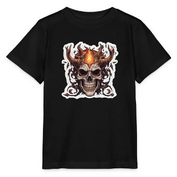 Gehörnter Schädel: Blaues und rotes Feuer - Stanley/Stella Kinder T-Shirt MINI CREATOR  - Schwarz - Vorne - Mikhail (115cm)