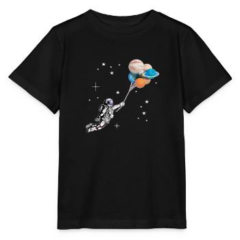 Astronaut mit Luftballons in Form von Planeten - Stanley/Stella Kinder T-Shirt MINI CREATOR  - Schwarz - Vorne - Mikhail (115cm)