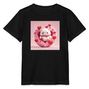Ours en peluche blanc dans un coeur moelleux, coeurs rouges autour - T-shirt bio MINI CREATOR Stanley/Stella Enfant - noir - Devant - Mikhail (115cm)
