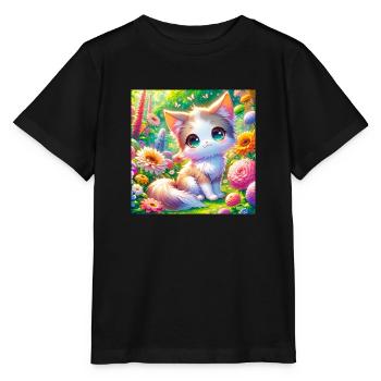 Eine süße Anime Katze in einem Blumengarten - Stanley/Stella Kinder T-Shirt MINI CREATOR  - Schwarz - Vorne - Mikhail (115cm)