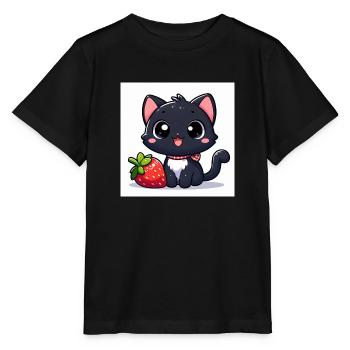 Sweet Kitty Schwarz mit Erdbeere und Halsband - Stanley/Stella Kinder T-Shirt MINI CREATOR  - Schwarz - Vorne - Mikhail (115cm)