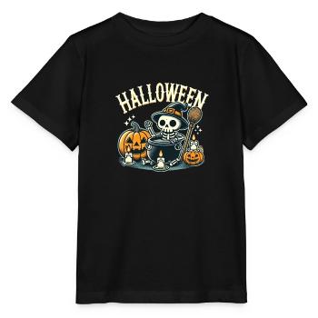 Niedliches Halloween Skelett mit Kürbis und Kessel - Stanley/Stella Kinder T-Shirt MINI CREATOR  - Schwarz - Vorne - Mikhail (115cm)