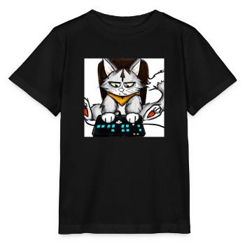 cat playing computer games comic - Stanley/Stella Kinder T-Shirt MINI CREATOR  - Schwarz - Vorne - Mikhail (115cm)