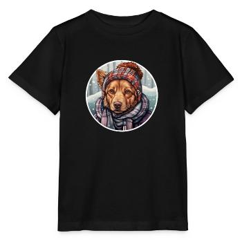 Winter dog in the snow with hat and scarf - Stanley/Stella MINI CREATOR Kids’ T-Shirt - black - Front - Mikhail (115cm)