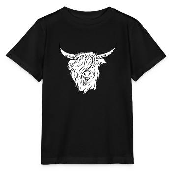 schotse hooglander zwart wit lijntekening - Stanley/Stella Kinder-T-shirt MINI CREATOR  - zwart - Voor - Mikhail (115cm)