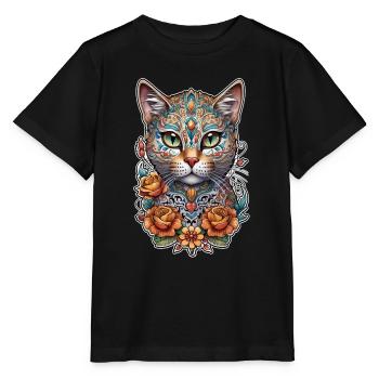 Katze Mexiko - Dia de los Muertos - Stanley/Stella Kinder T-Shirt MINI CREATOR  - Schwarz - Vorne - Mikhail (115cm)