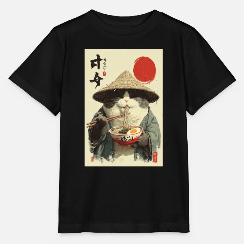 Chat samouraï mangeant des ramen - T-shirt bio MINI CREATOR Stanley/Stella Enfant - noir