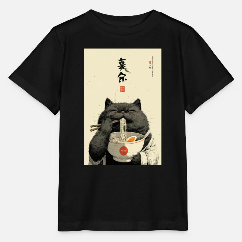 Glückliche Katze beim Essen von Ramen - Stanley/Stella Kinder T-Shirt MINI CREATOR  - Schwarz