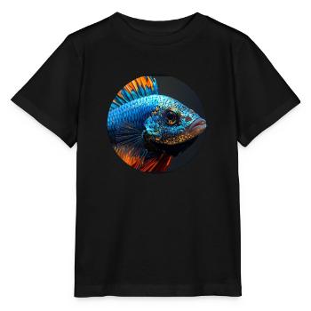 Poisson, coloré, paillettes, paillettes, bleu - T-shirt bio MINI CREATOR Stanley/Stella Enfant - noir - Devant - Mikhail (115cm)