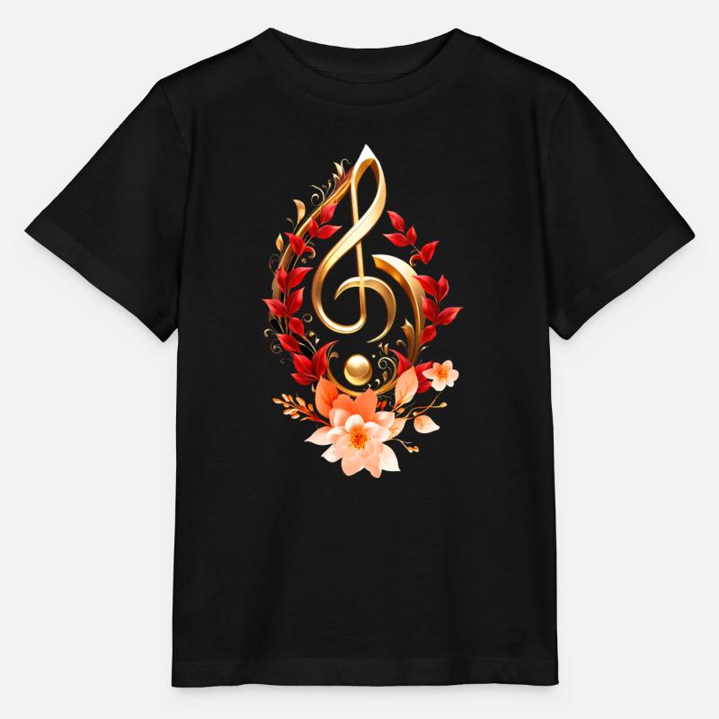 Clé de sol dorée avec des feuilles rouges. - T-shirt bio MINI CREATOR Stanley/Stella Enfant - noir