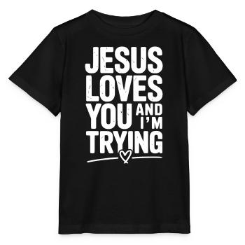 Jesus liebt dich und ich versuche es - Stanley/Stella Kinder T-Shirt MINI CREATOR  - Schwarz - Vorne - Mikhail (115cm)