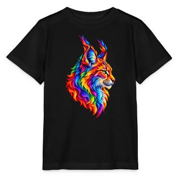 Flammender Regenbogen-Luchs - Stanley/Stella Kinder T-Shirt MINI CREATOR  - Schwarz - Vorne - Mikhail (115cm)
