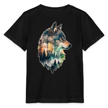 Wolf Doppelbelichtung Wald Natur wandern Wildnis - Stanley/Stella Kinder T-Shirt MINI CREATOR  - Schwarz - Vorne - Mikhail (115cm)